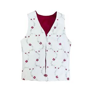 VTG Handmade Boho Floral Embroidered Reversible Open Front  Cream/Burgundy Vest